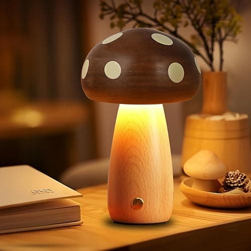 Richaa Wooden Mushroom Lamp - Rechargeable Touch Mushroom Night Light, Aesthetic Bedside Light Nature Decor Creative Gifts (Ebony + Beech) - Image 1