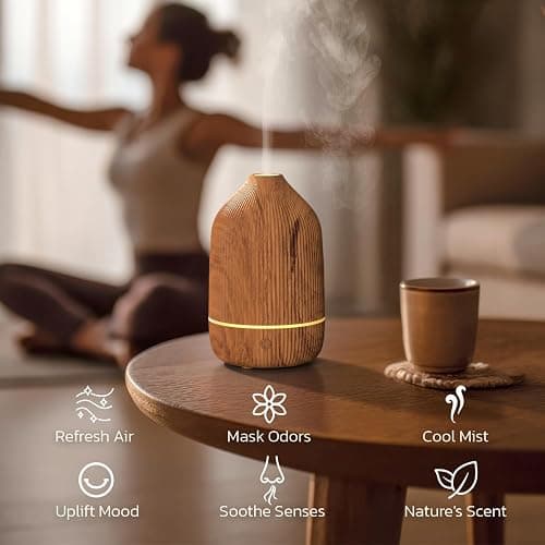 Essential Oil Diffuser, 100ml Aromatherapy Diffuser, Mini Ultrasonic Diffuser for Essential Oil, Home, Office, Cool Mist Humidifier with 7 Led Light, Auto Shut-Off, Wood Grain thumbnail 9