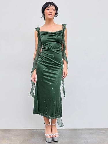 CIDER Summer Maxi Dress Wedding Guest Cowl Neck Glitter Ruffle Hem Bodycon Party Slim Formal Sleeveless Dress thumbnail 2