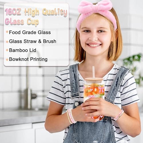 Gifts for Girls Teenage 9 10 11 12 13 14 Year Old, Back to School Birthday Gifts for Girls Age 8-15, Glass Cup with Lid and Straw, Makeup Brushes Cosmetic Bag Bracelets Socks Headband, Bow Coffee Cup thumbnail 4
