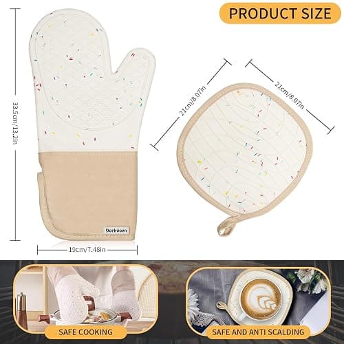 Dorkuova Oven Glove Cute,Cooking Mittens,Oven Mittens for Kitchen,Oven Gloves for Kitchen,Washable Silicone Oven Mitts Heat Resistant 500°F, Potholders for Kitchens Cooking Baking(Cream thumbnail 2