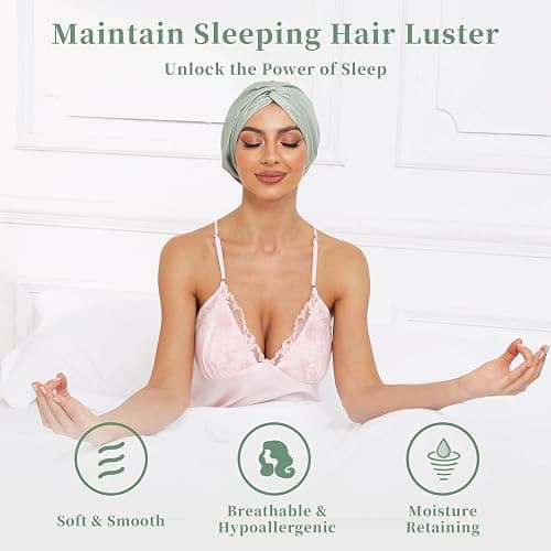 Adjustable Silk Satin Bonnet for Sleeping Hair Wrap, Double Layer Sleep Cap, Night Turban for Large Long Curly Braid Women Men Hair - Matcha Green thumbnail 3