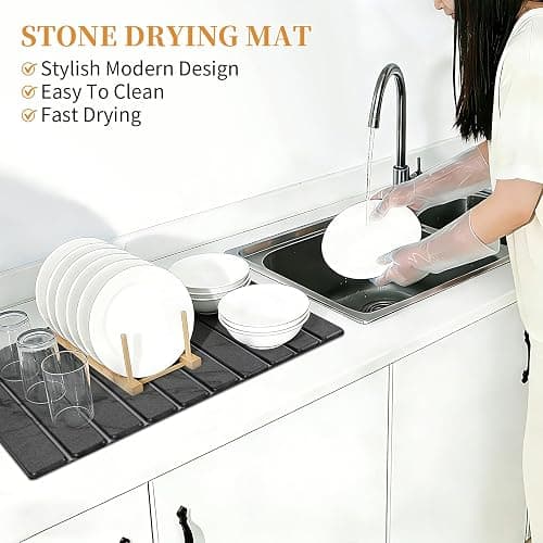 Stone Dish Drying Mat for Kitchen - Diatomaceous Earth Drying Mats | Grey Color, Quick Dry Counter Mats, Foldable Design, Super Absorbent, (24"×16"/ 8"x4" / 1 Drain Rack) , for Dishes Cups thumbnail 6
