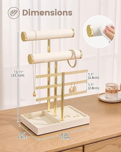 Lolalet 5 Tier Jewelry Stand Holder, Bracelet Necklace Display -Beige | PU Leather Hanging Jewelry Rack with Storage Tray, Ring Watch Bangle Earring Organizer, Gifts Dorm Room Decor for Women Girls thumbnail 3