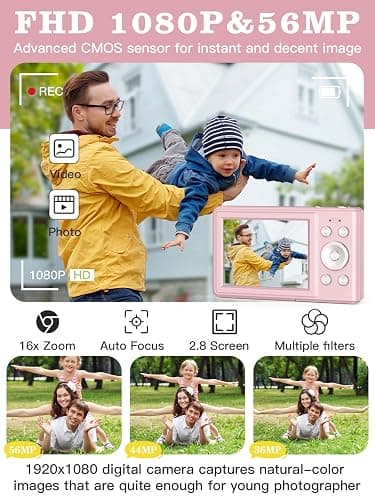 Upgrade Digital Camera, 56MP FHD 1080P for Kids with 16x Zoom Anti Shake, 32GB TF Card, Two Batteries, Lanyard, Compact Small for Boys Girls （Pink） thumbnail 2