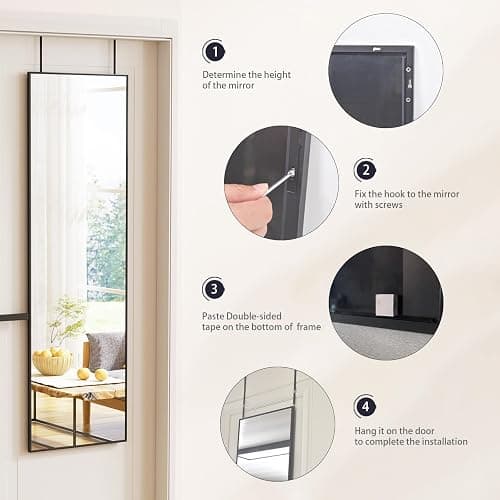 BEAUTYPEAK 16" x 50" Adjustable Height Over The Door Mirror, Full Length Hanging Door Mirror with Shatterproof Tempered Glass Aluminum Alloy Frame for Bedroom, Living Room, Bathroom, Dorm, Black thumbnail 5