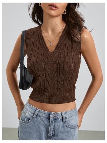 Milumia Women's Cable Knit V Neck Sweater Vest Sleeveless Ribbed Crop Tank Top thumbnail 3