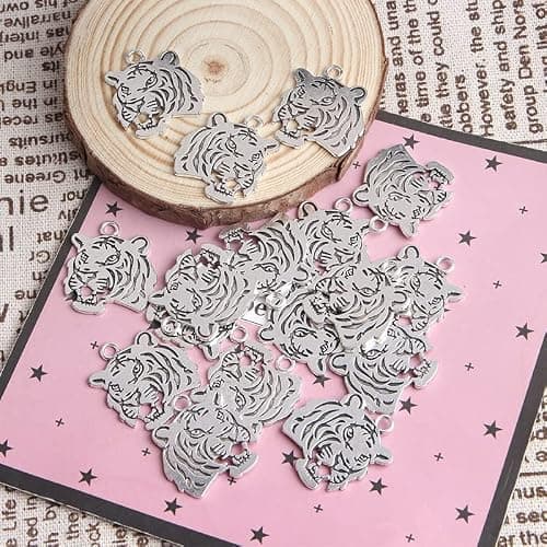 Opexicos 100Pcs Tiger Face Charms Tiger Pendants Antiqued Silver Tone Double Sided Making DIY Handmade Accessories Craft 27 x 24 mm thumbnail 7