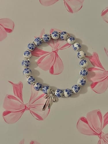 Beaded Bracelets for Women,Bow Charm Blue Flower Gold Plated Jewelry Women thumbnail 4