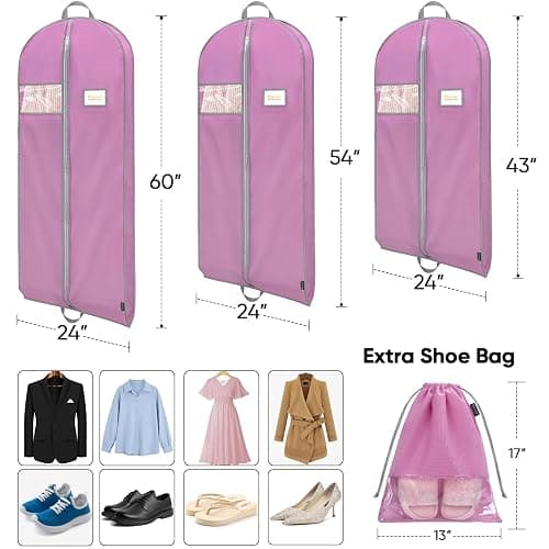 BALEINE 2PK Heavy Duty Garment Bag with Shoe Storage Travel Bag for Dresses, Suit, Coats Travel Essential (54", Pink) thumbnail 3