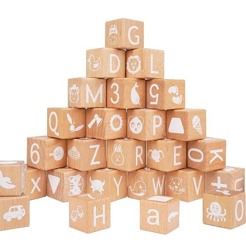 AXEARTE Alphabet Letters Stacking Blocks, 26 Wooden ABC Building Blocks for Toddlers, Number, Animals Icons on Every Side, Preschool Learning Educational Toys Montessori Sensory Toys for Kids - Image 1