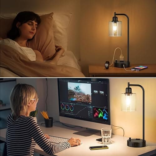 Industrial Nightstand Lamps for Bedrooms Set of 2 - Fully Dimmable Bedside Lamps with USB A C Ports and Outlet, Black Table Lamps with Clear Glass Shade for Living Room, Desk Lamps for Office Reading thumbnail 7