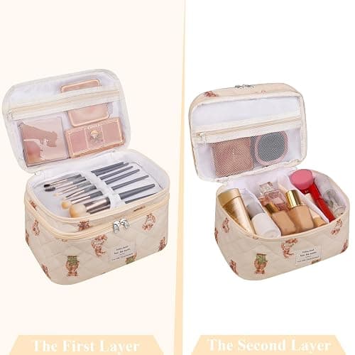 Makeup bag, Large Cosmetic Bag for Women Girls, Cute Quilted Makeup Bags, Floral Coquette Aesthetic Toiletry Bag, Travel Make Up Organizer Bag (Bear) thumbnail 4