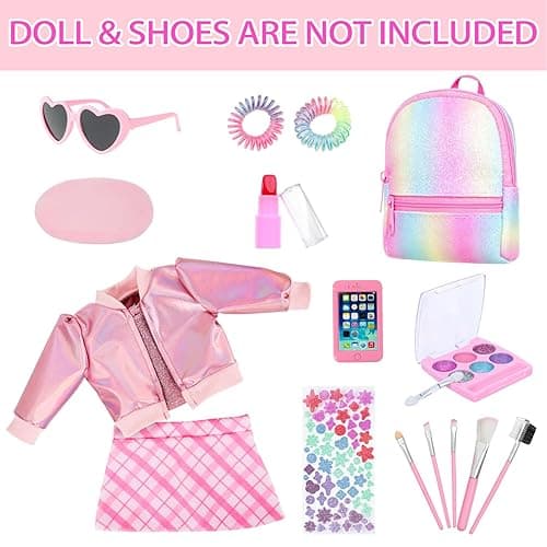 Ecore Fun 17 Pcs American 18 Inch Doll Accessories Cosmetic Set with Backpack & Outfits | Pretend Play Makeup Kit for 18" Dolls | Includes Lipstick, Eyeshadow, Brushes, Accessories & Stylish Clothes thumbnail 8