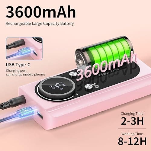 Electric Nail Drill Machine 45,000RPM - Professional Electric and Rechargeable Nail Drill with LCD Display, 6 Bits and 30 Sanding Bands, Low Heat Quiet E-File for Acrylic Gel Nails (Pink) thumbnail 6