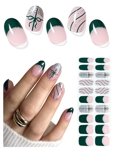 AutyaMee Semi Cured Gel Nail Strips (Green French), Christmas Silver Glitter, Bow, 20 Pcs Gel Nail Wraps, Stickers, Salon Quality, Works with Any UV Lamps - Image 1