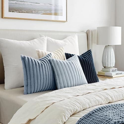 MIULEE Faux Fur Plush Decorative Throw Pillow Covers 18x18 Set of 4, Summer Modern Soft Fuzzy Coastal Striped Cushion Covers for Sofa Couch Bed Living Room Cozy Home Decor,Navy Blue thumbnail 6