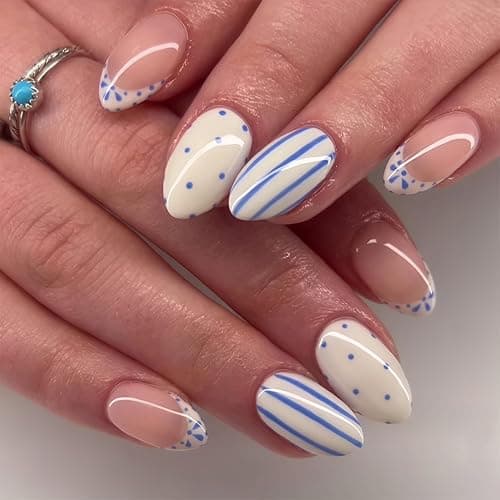 White French Tip Press on Nails Short Almond Fake Nails witn Blue Polka Dot Stripe Design Spring Summer False Nails Press ons Glossy Full Cover Glue on Nails for Women Girls Manicure Decorations - Image 1