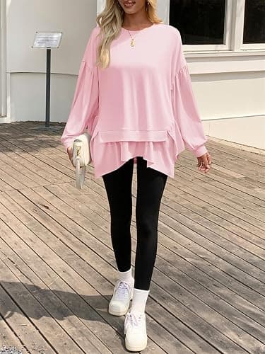 Tankaneo Womens Oversized Tops Peplum Puff Long Sleeve Shirts Trendy Casual Loose Fit Crew Neck Tunic Shirts thumbnail 4