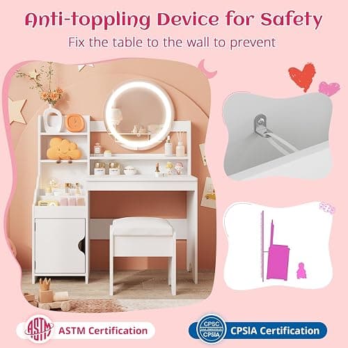 Vabches Kids Vanity with Lights, Toddler Vanity Table and Chair Set | Princess Makeup Vanity Desk with Open Bookshelf, Storage Cabinet & Shelves, Pretend Play Vanity Set for Little Girls, White thumbnail 5