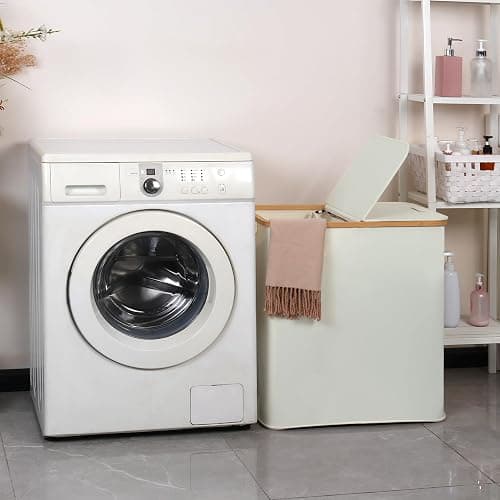 efluky Laundry Hamper with Lid, Double Laundry Hamper with 2 Removable Bags, 2 Section Laundry Basket with Bamboo Handles for Bathroom, Bedroom & Laundry Room, 140L (36.9 Gallon) Beige thumbnail 4