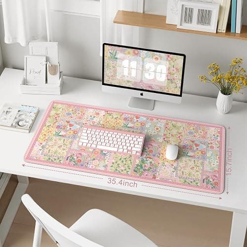 iCasso Desk Mat,Mouse Pad for Office Desk,35.4x15.7in,Pink Flowers | Desk Pad Home Office Decor Supplies, Desk Accessories for Women, Non-Slip Mousepad with Stitched Edge, Smooth Water-Resistant thumbnail 2