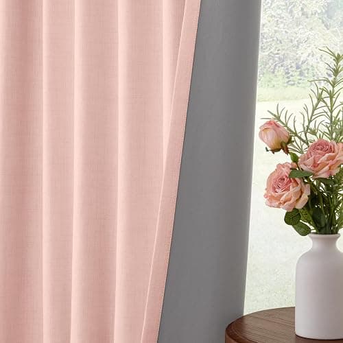 INOVADAY 100% Blackout Curtains for Bedroom, Black Out Curtains 84 Inch Long, Clip Rings Linen Blackout Drapes, Thermal Insulated Room Darkening for Living Room, 2 Panels - Blush Pink,W50xL84 thumbnail 6