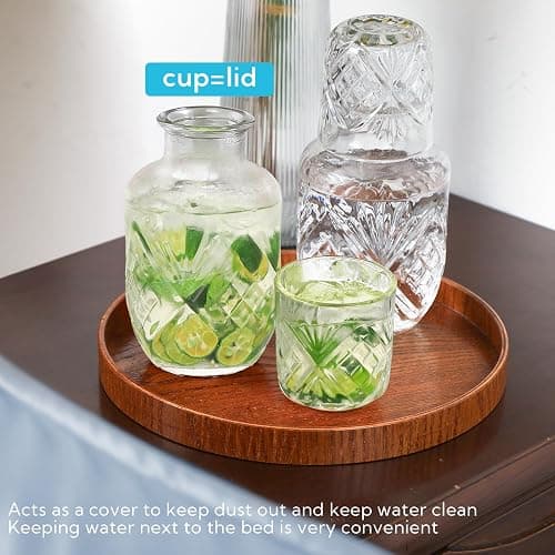 3 Set Bedside Water Carafe and Glass Set 18 OZ Vintage Glass Water Pitcher with 5 OZ Cup Set Clear Glass Water Pitcher for Bedroom,Bar,Bathroom,Hotel,Restaurant,Juice,Mouthwash Container,Style-1 thumbnail 6