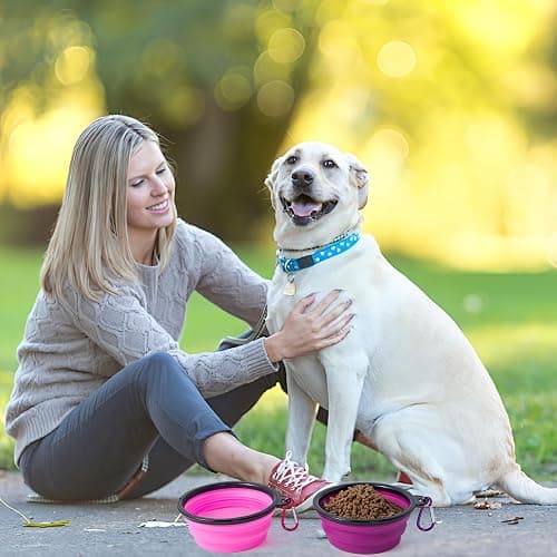 SLSON Dog Bowls Pet Collapsible Bowl with Cover Lids,2 Pack Dog Travel Bowls Portable Foldable Cat Water Dish Bowl for Pets Walking Parking Camping (Pink and Purple, Small) thumbnail 7