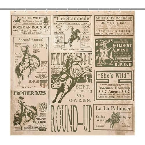 Western Shower Curtain, Cowboy Shower Curtain Western, Vintage Rodeo Round-Up Roman Home Bathtub Polyester Fabric 72x72in Farmhouse Country Decorations for Bathroom Bathtub Riding Horse - 72"W x 72"L (Pack of 1) - Image 1