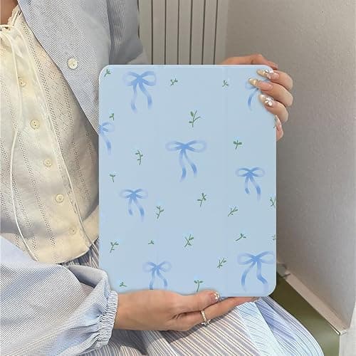 Lovmooful Compatible for iPad 11th 11-Inch A16 (2025),iPad 10 (10.9-Inch,2022 Model,10th Generation) Case with Pencil Holder Cute Bowknot Flower Design Soft TPU Trifold Stand Protective-Blue thumbnail 3