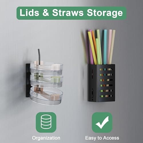 Magnetic Cup Holder for Fridge, Aufworld Tumbler Organizer Fits 20/30/40 oz Stanley Cups, Accessory Storage with Lid & Straw Holder, Space-Saving Storage Rack for Kitchen Fridge (Black-Cup Holder Set) thumbnail 7