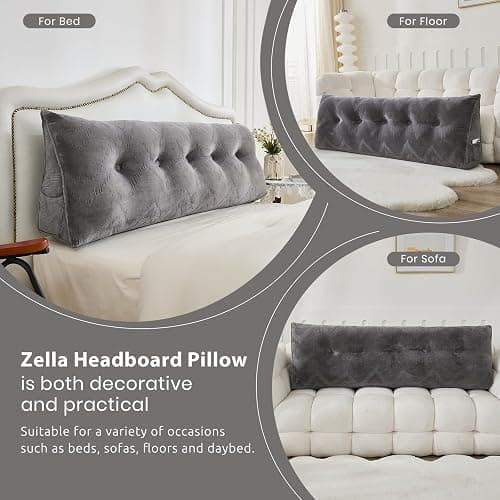Zelladorra Headboard Pillow for Bed,Triangular Wedge Pillow Headboard Soft Support While Reading and Resting,Bed Bolster Cushion Headboard with Removable Cover,Dark Grey, Queen (59"x8"x20") thumbnail 5