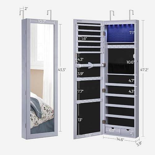 SONGMICS 6 LEDs Mirror Jewelry Cabinet, 47.2-Inch Tall Lockable Wall or Door Mounted Jewelry Armoire Organizer with Mirror, 2 Drawers, 3.9 x 14.6 x 47.2 Inches, Gray UJJC93GY thumbnail 3