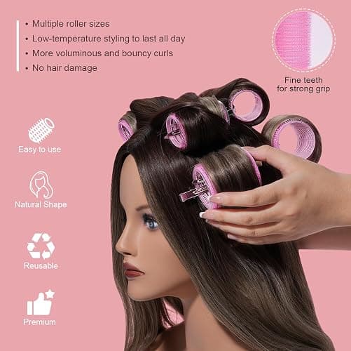IKOCO Hair Rollers Set, 4 Sizes with 12 Clips and Comb - Self Grip Curlers for Long/Short Hair, Thermal Safe Rollers for Salon-Worthy Styling Pink thumbnail 4