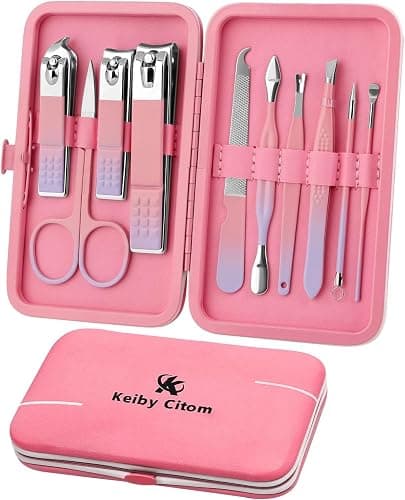 Manicure Set 10pcs Professional Nail Clippers Kit Pedicure Care Tools-Stainless Steel Grooming Tools for Travel (Pink Purple) - Image 1