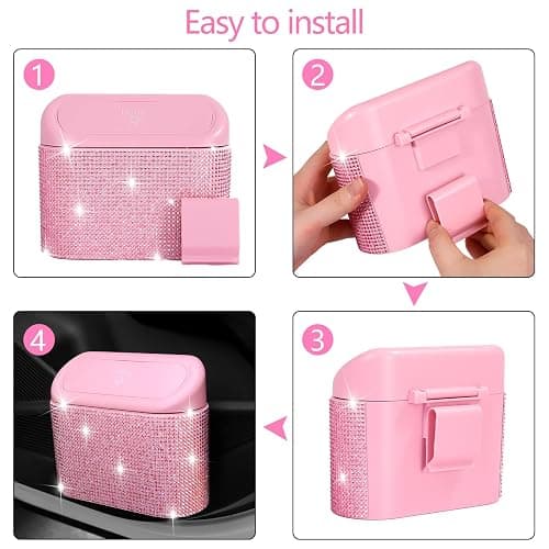 NBTEPEM Bling Pink Car Trash Can with Lid - 2 Pack, Mini Auto Garbage Can with 60 Trash Bags, Automotive Garbage Container Bin, Bling Car Accessories Trash Can for Women (Pink Diamond) thumbnail 5
