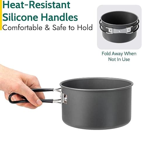 Trail Camping Cookware Set 11pc, 2 Person Outdoor Camp Cooking Kit, Non Stick Hard Anodised Aluminium, 1L Cook Pot, Frying Pan, Spatula, Plates, Cutlery Sets, Lightweight Portable Stackable with Bag thumbnail 4