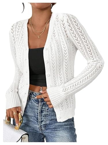 SHENHE Women's Pointelle Cardigan Sweaters Button Down Long Sleeve Chunky Knit Open Front Sweater Fall - Image 1