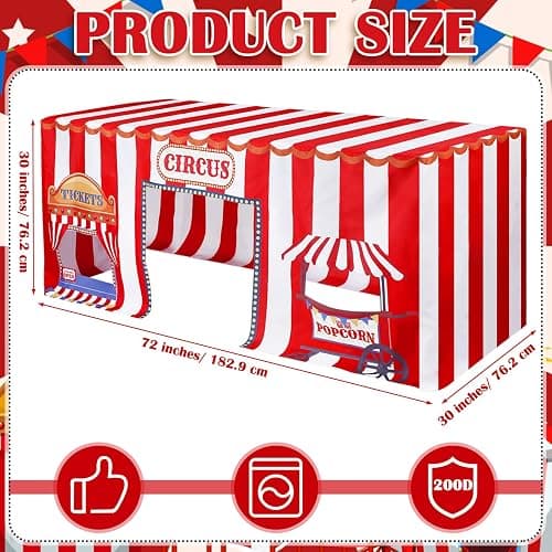 Breling 6 ft Circus Tablecloths Carnival Birthday Party Decorations Popcorn Booth Fitted Tablecloths Fort Tent 72 x 30 Inch Rectangle Washable Polyester Table Cover Party Supplies thumbnail 2
