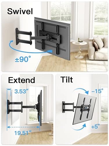 Pipishell Full Motion TV Wall Mount for Most 26-60 inch Flat & Curved TVs up to 77 lbs, Adjustable Bracket Height, Corner TV Mount with Single Articulating Arm, Max VESA 400x400mm, PIMF9 thumbnail 6