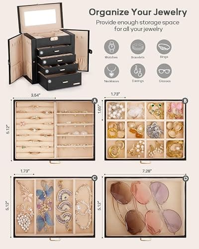 Homde Synthetic Leather Huge Jewelry Box Mirrored Watch Organizer Necklace Ring Earring Storage Lockable Gift Case (Black + Gold) thumbnail 4