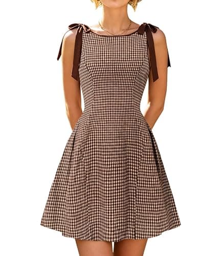 RIHOAS Women's Plaid Gingham Dress Summer Mini Dresses for Women 2026 Brown | Cute,Boat Neck,Bow(non-adjustable),A line,Vintage,Sleeveless,Spring Fall,Casual Daily,Picnic,Travel,Vacation,Christmas - Image 1