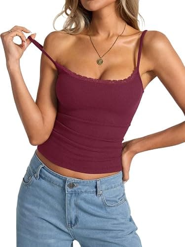 EasyGala Womens Lace Camisole Tops Square Neck Ribbed Tank Tops Adjustable Spaghetti Straps Sleeveless Summer Shirt 2025 thumbnail 2