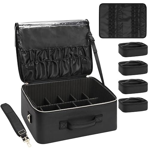 Relavel Extra Large Makeup Bag,Professional Makeup Train Case for Makeup Artists,Travel Cosmetic Organizer Box with 4 Small Portaleb Case Bag&Brush/Lipstick Plate,Adjustable Compartments Dividers - Image 1