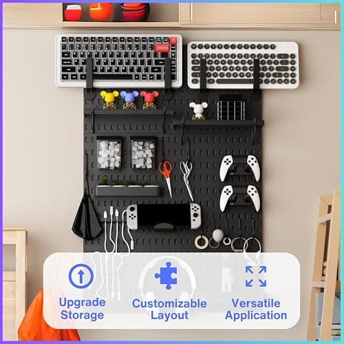 Keepo Peg Board Wall Organizer for Gaming Setup, Pegboard with Adhesives & Screw Mounts, Includes Peg Board Accessories for Gaming Accessories, Tech Storage & Office Organization (Black, 33″×22″) thumbnail 6