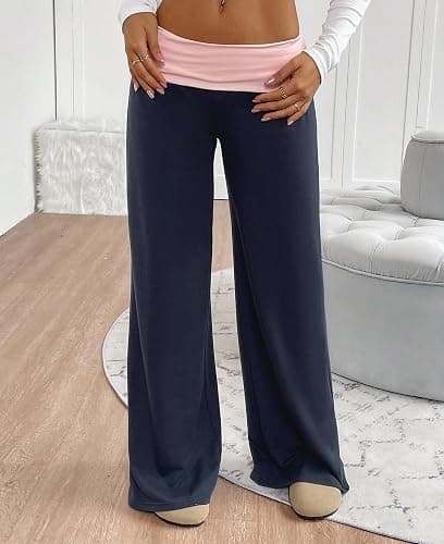 MYBFYABO Y2k Fold Over Yoga Pants for Women Low Rise Wide Leg Sweatpants | Womens Comfy Flowy Palazzo Pajama Pants, Contrast Color/ Striped Wide Foldover Waist Lounge Bell Bottoms 2026 thumbnail 3