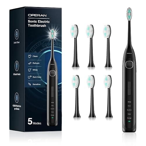 Operan Electric Toothbrush Rechargeable with 6 Brush Heads, Electric Toothbrush for Adults with 5 Modes and IPX7 Waterproof, 40,000 VPM Motor 6 Hours Fast Charge for 100 Days (Black, 1Pack) - Image 1