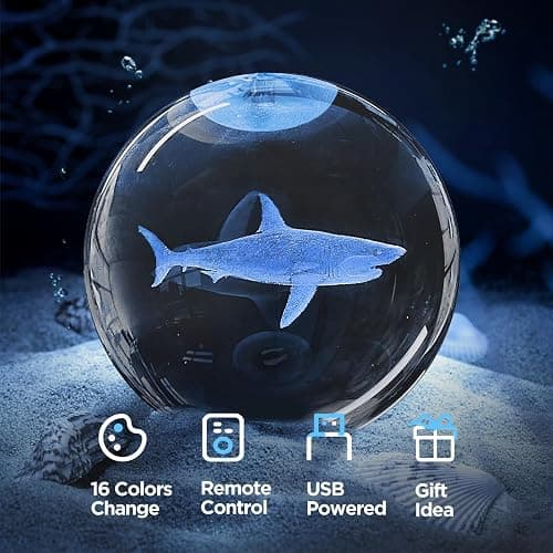 3D Shark Crystal Ball Night Light with Remote Lifelike 3.15 In Shark Sea Animal Glass Ball Lamps with 16 Color LED Wooden Base for Birthday Holiday, Cool Shark Toy Room Decor Gifts for Boys Girls Kids thumbnail 5