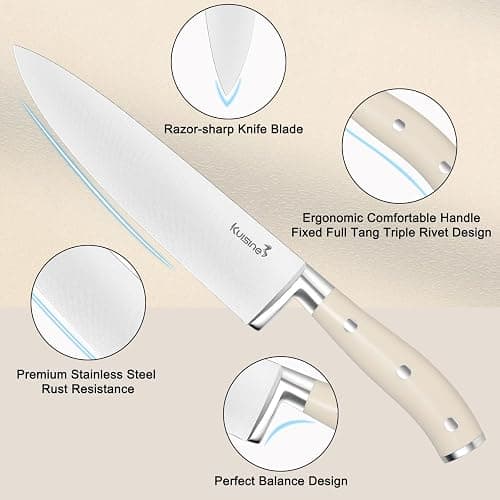 Kuisine Chef Knife Set,High Carbon Stainless Steel Ultra Sharp Blade Ergonomic Handle,Kitchen Knife Block Set with Built-in Sharpener, Elegant Gift for Holiday(Ivory Pro,15PCS) thumbnail 4
